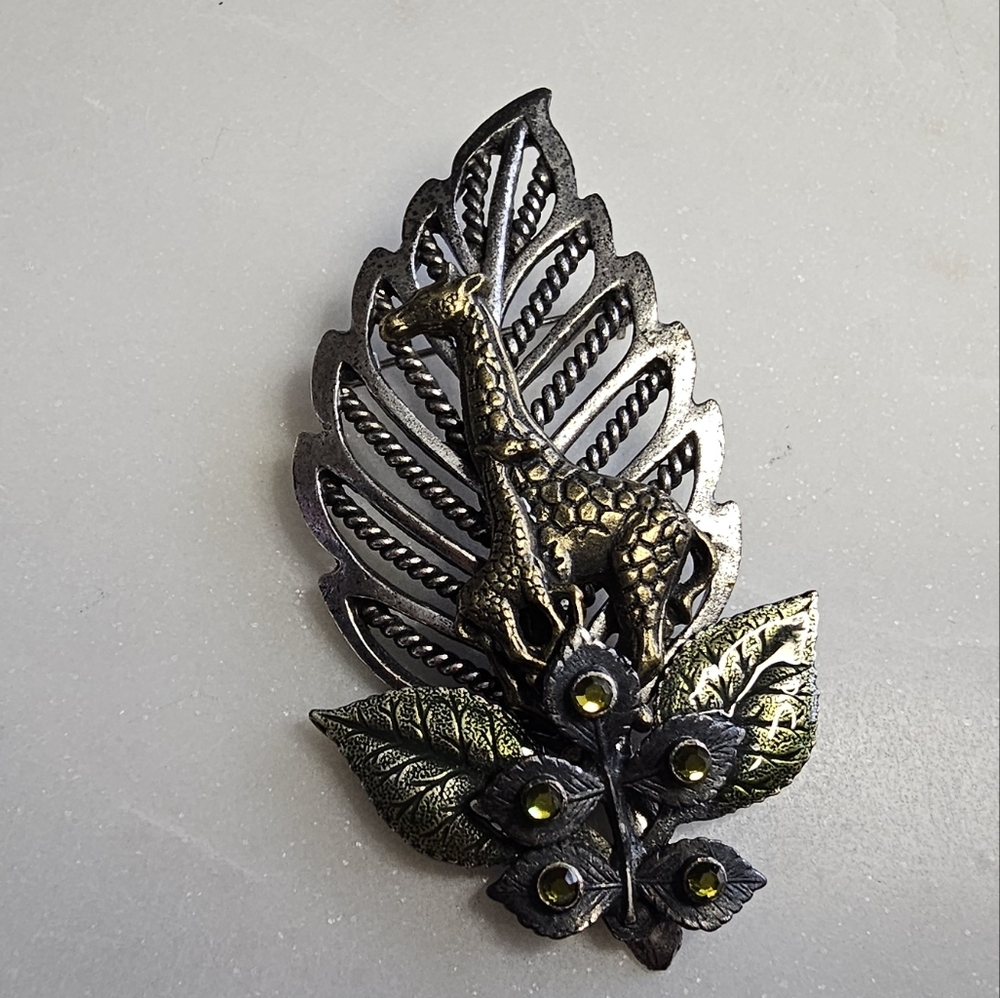 Kenneth Cole Vintage Intricate Mixed Metal Leaf Brooch with Girraffes